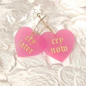 Acrylic "Cry Now, Cry Later" Statement Dangling Hoop Earrings